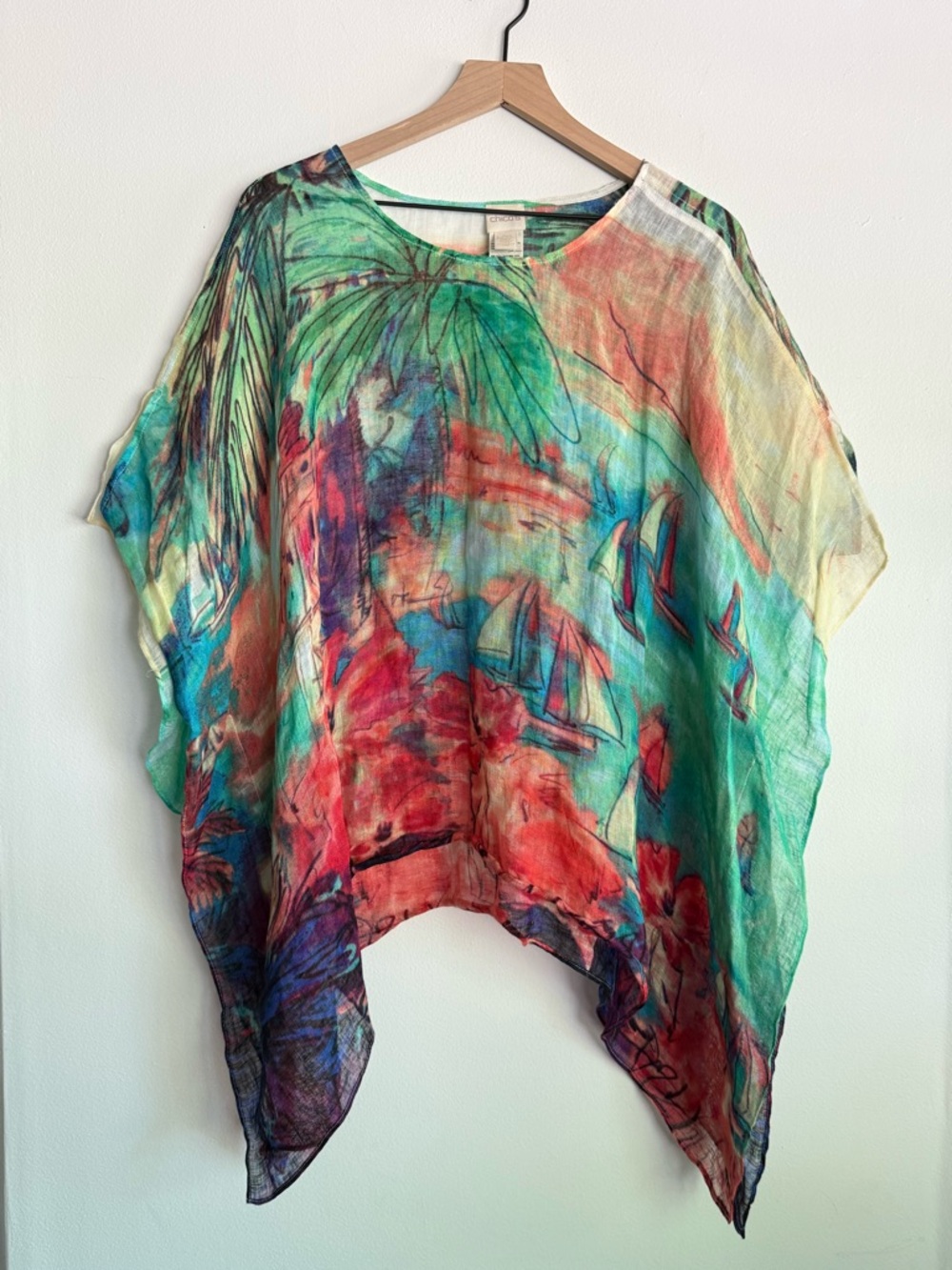 Chico's 100% Linen Tunic Top L/XL Nautical Sailboat Tropical Print Asymmetrical